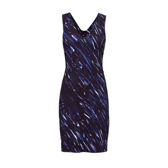 MILLY Blue Brushstroke Print V-Neck Sheath Work Career Office Midi Dress - Picture 15 of 15